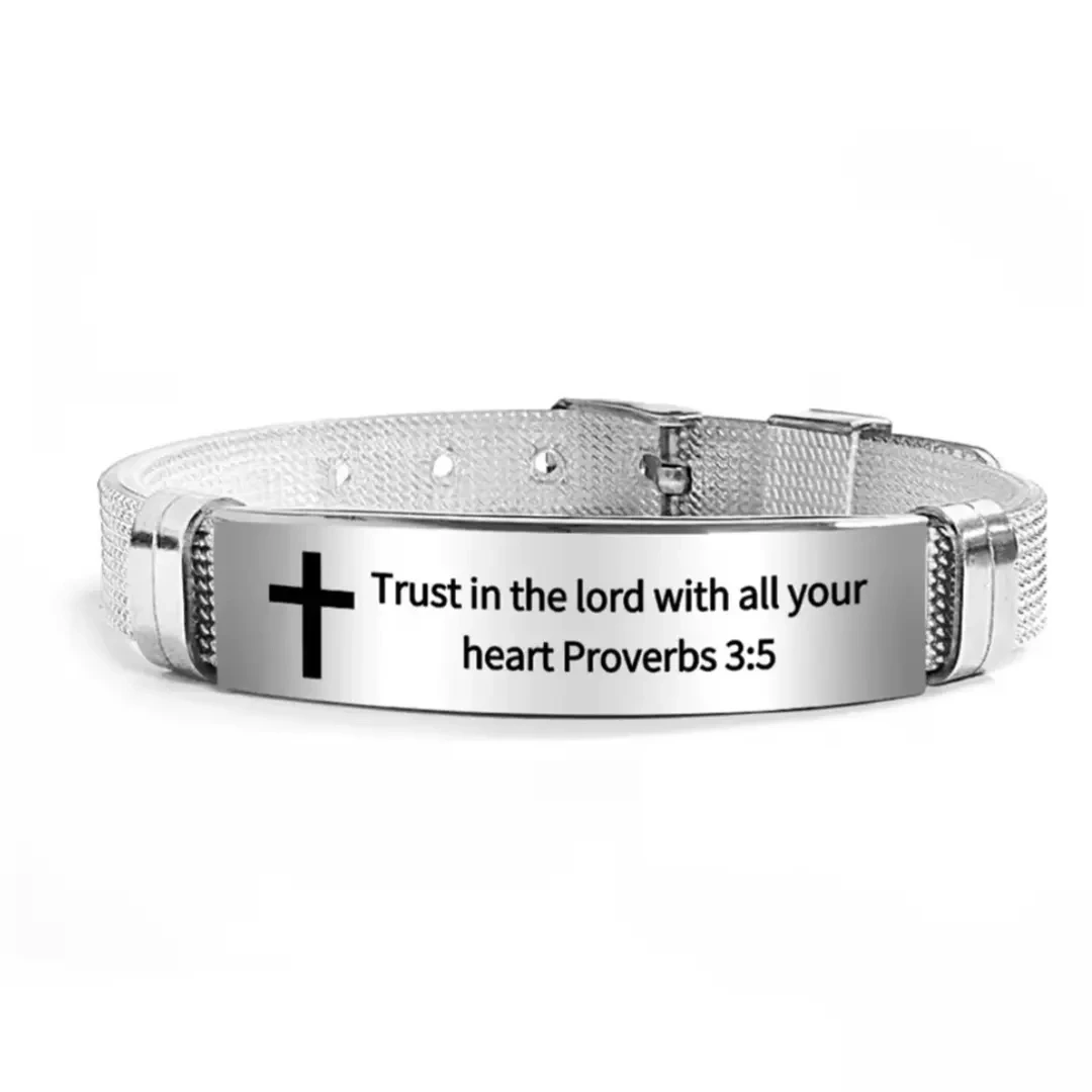 All Silver Scripture Bracelet on wrist