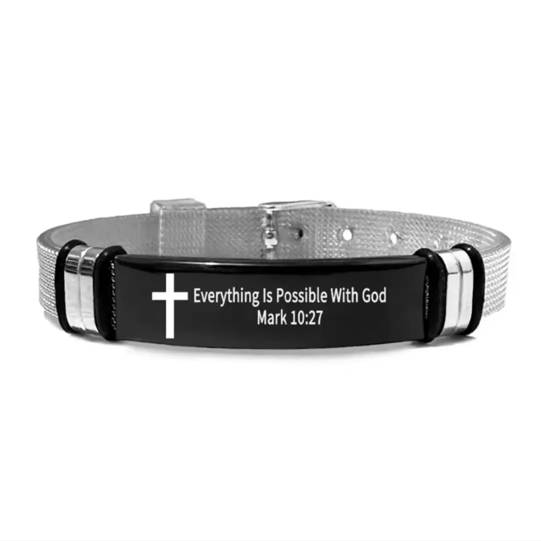 Silver Black Hybrid Scripture Bracelet on wrist