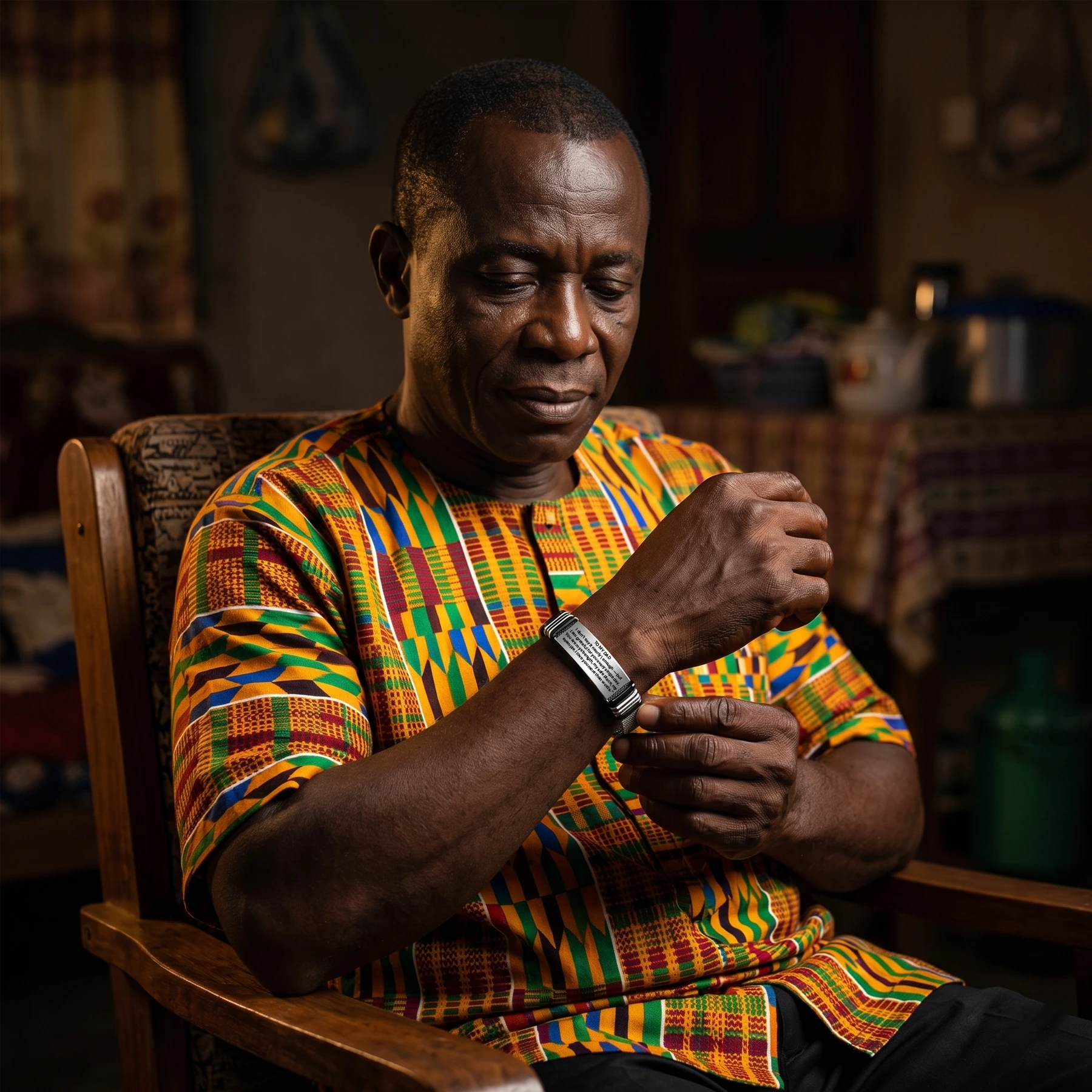 Dad in kente reading bracelet